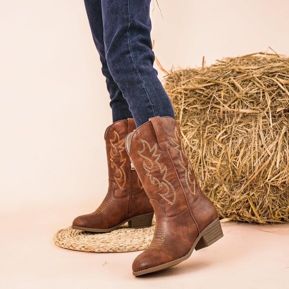 Kids Brown Cowboy Boots Pointed Toe Mid Calf Western Youth Horse Riding - Picture 2 of 7